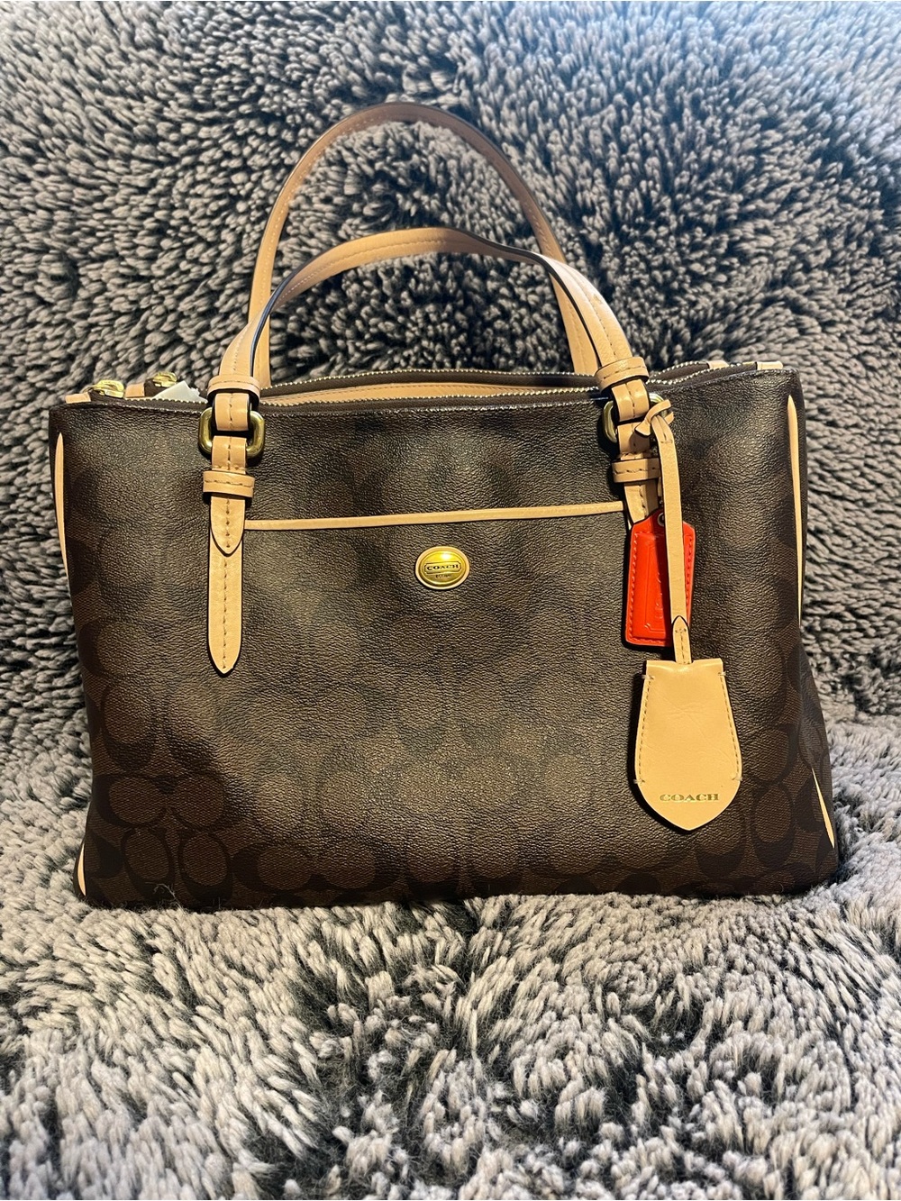 Coach Dark Brown Signature Shoulder Bag with Tan Trim and Red Tag